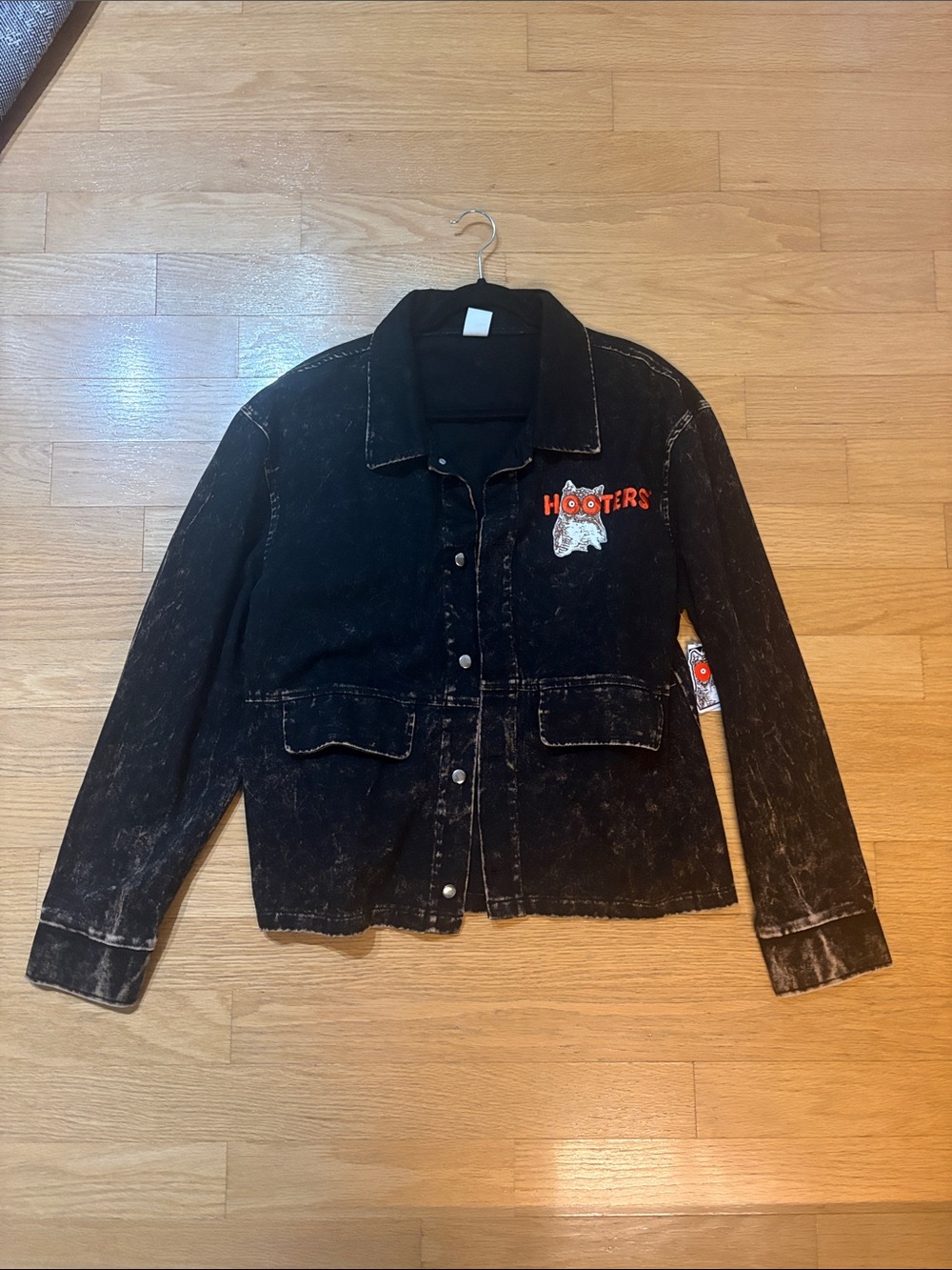 Hooters Black Washed Denim Jean Jacket with Embroidered Patch